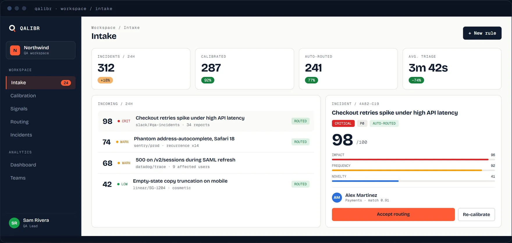O Inbox do Qalibr — uma lista de relatos de bug pontuada e ordenada por severidade, com os mais urgentes primeiro.